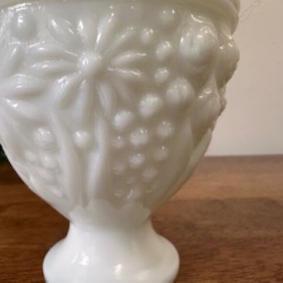 Avon Milk Glass Lidded Candy Dish Pedestal Jar Embossed Fruit Floral Vintage - Picture 4 of 7